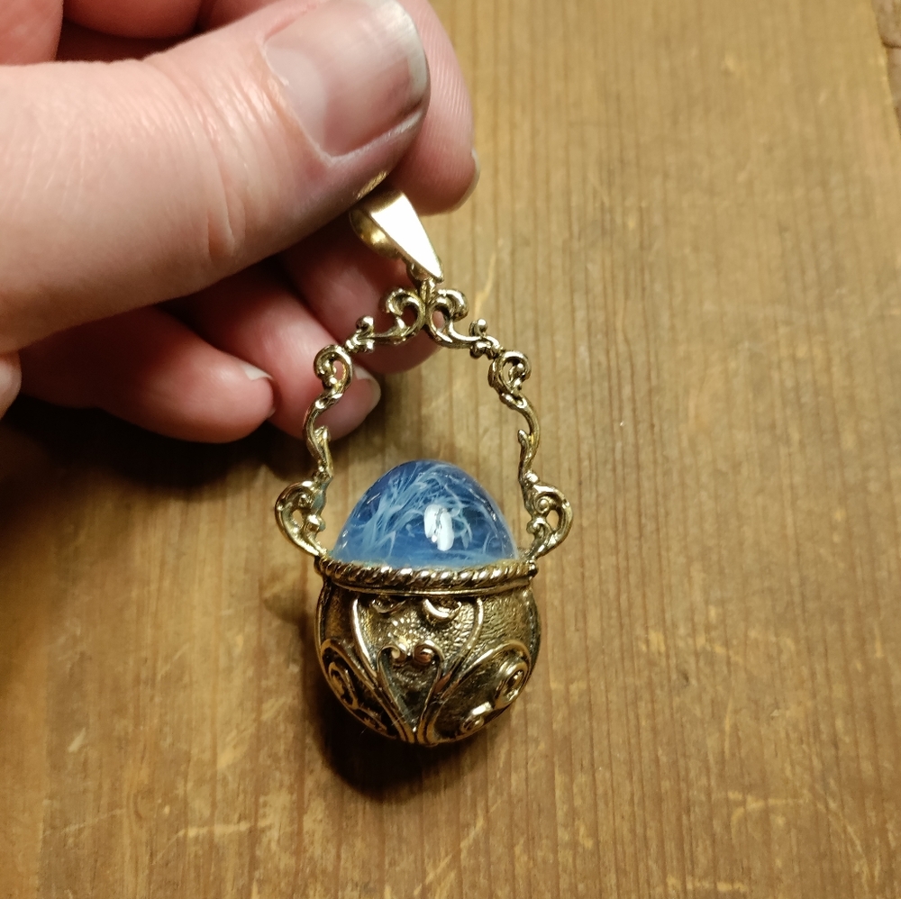 Large Gold Egg Pendant Style Faberge Egg Blue Stone